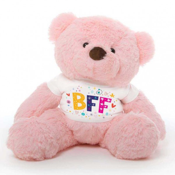 Pink 2 feet Fur Face Big Teddy Bear wearing a BFF T-shirt